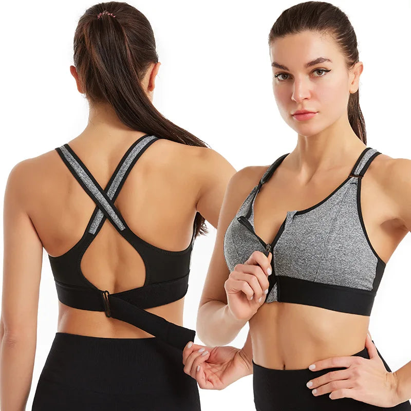 Women Sports Bras Tights Crop Top Yoga Vest Front Zipper Plus Size Adjustable Strap Shockproof Gym Fitness Athletic Brassiere