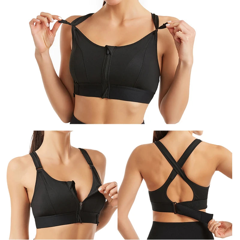 Women Sports Bras Tights Crop Top Yoga Vest Front Zipper Plus Size Adjustable Strap Shockproof Gym Fitness Athletic Brassiere